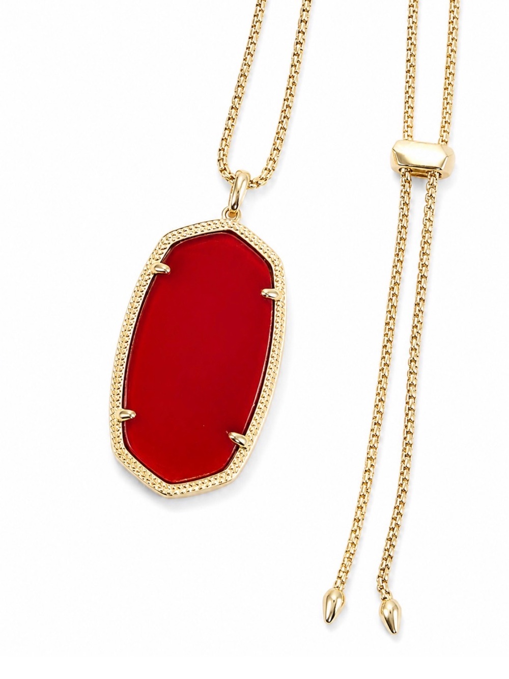 Kendra Scott Gold Red Glass Long Pendant Bolo Adjustable Necklace & Dust Bag